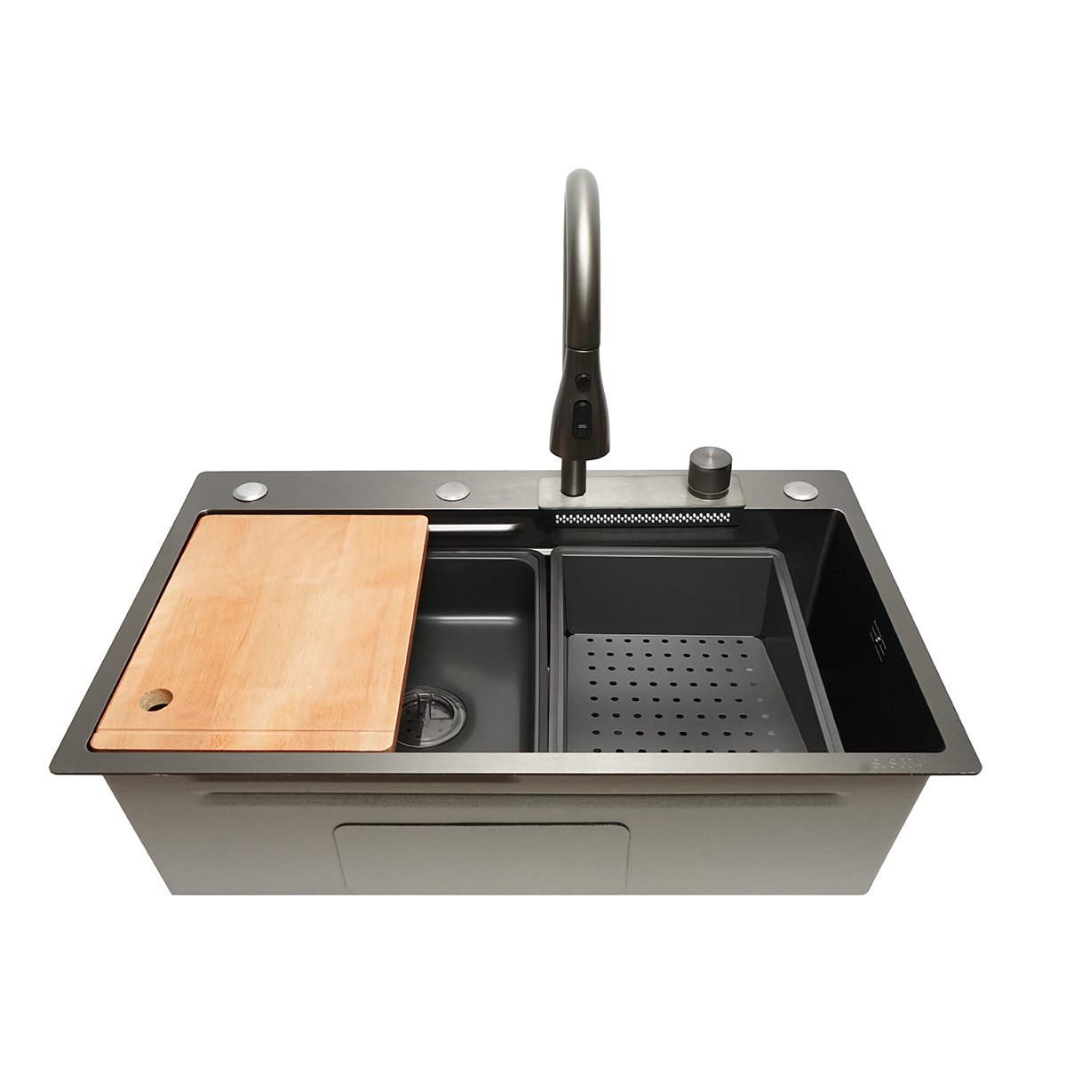 Chiuveta bucatarie multifunctionala, otel inoxidabil cu functie cascada, scurgator, tava, tocator si accesorii incluse, dimensiune 75x46x22cm